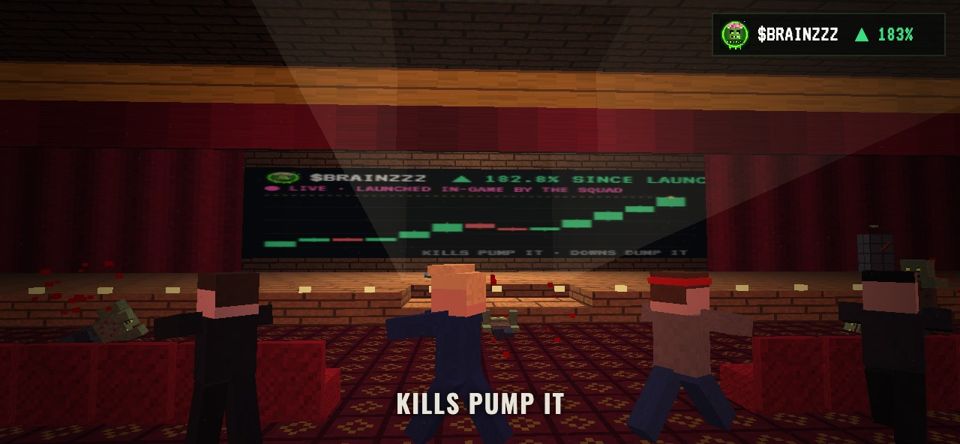 The squad fighting under the theater screen showing the coin chart